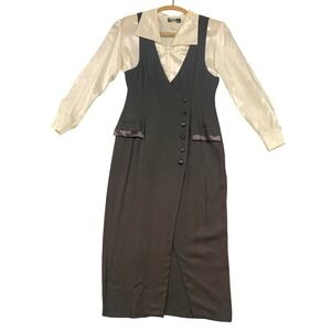 VTG Dawn Joy Fashions 2 Piece Jumper Dress & Satin Blouse Set Black Ivory 5-6